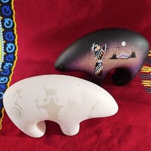 2 Handcrafted & Signed Southwestern Native American Inspired Bear Sculptures